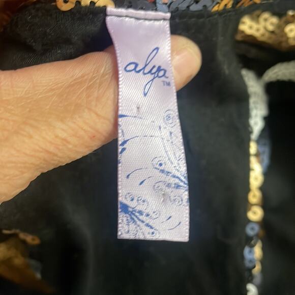 Francesca's Alya black/navy/gold/cream sequins bodycon dress women's L - Picture 10 of 13